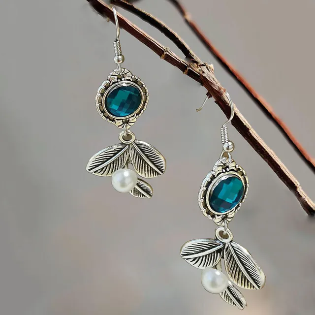 Pendientes Vintage Elegantes con Perla y Hoja de Cristal Azul