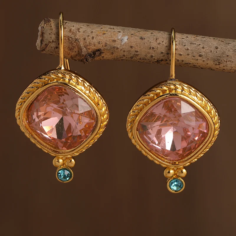 Pendientes de Cristal Rosa Dorado Vintage Glamourosos