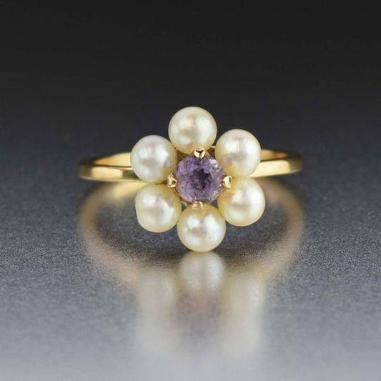 Anillo vintage de flores de perlas doradas con brillante cristal morado