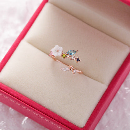 Anillo Ajustable Elegante con Diseño de Flores Silvestres y Piedras Preciosas Doradas Brillantes