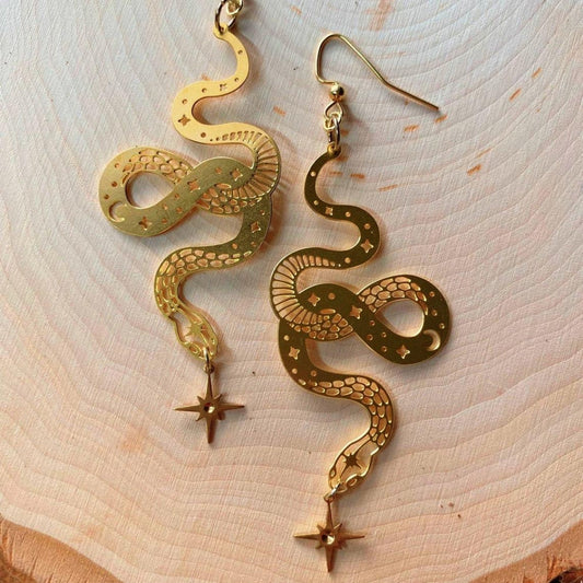 Pendientes de serpiente estrellada de oro fino