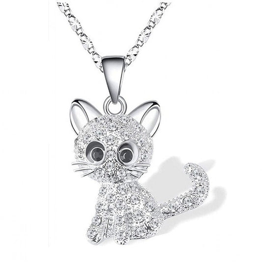 Collar de gatitos de plata juguetones con piedras de circonita coloridas