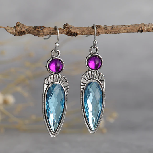 Pendientes vintage elegantes en azul y morado de plata de ley