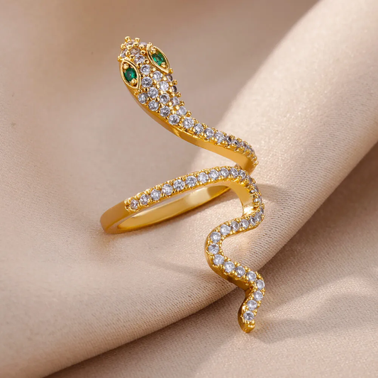 Fascinante anillo brillante de circonita verde en forma de serpiente