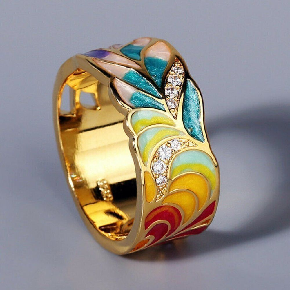 Anillo floral pintado a mano elegante en estilo vintage dorado